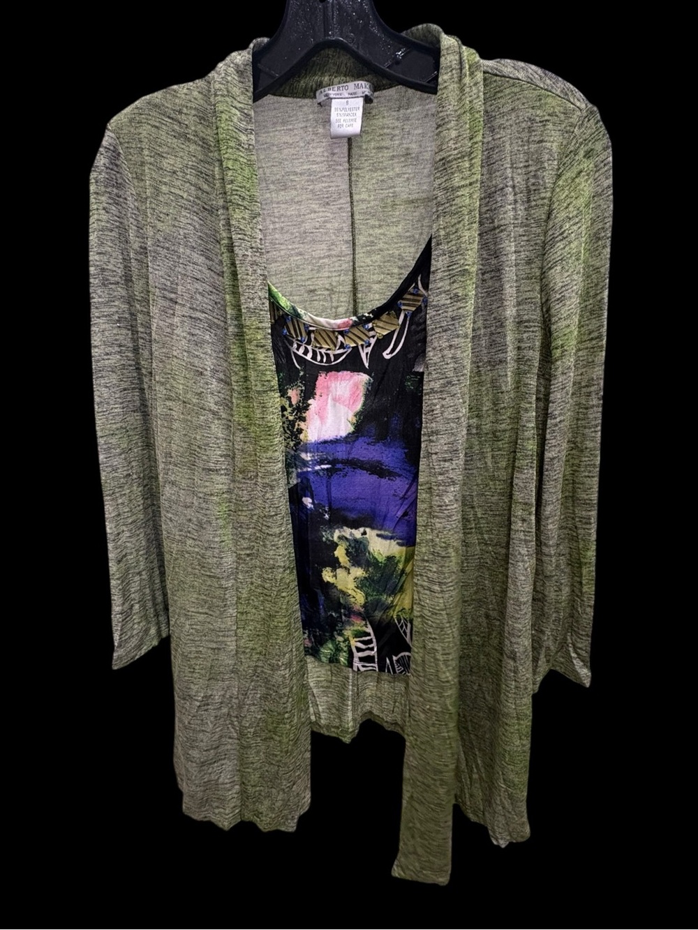 Alberto Makali Green Open Cardigan Abstract Print Layered Top Size S